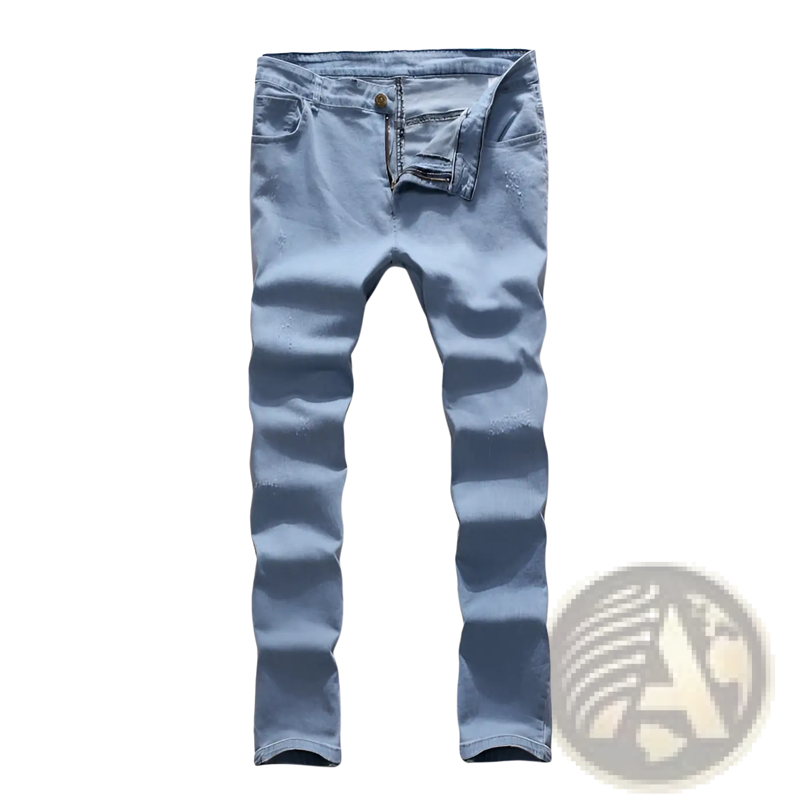 Light blue slim fit distressed denim jeans made from durable cotton with a modern casual design