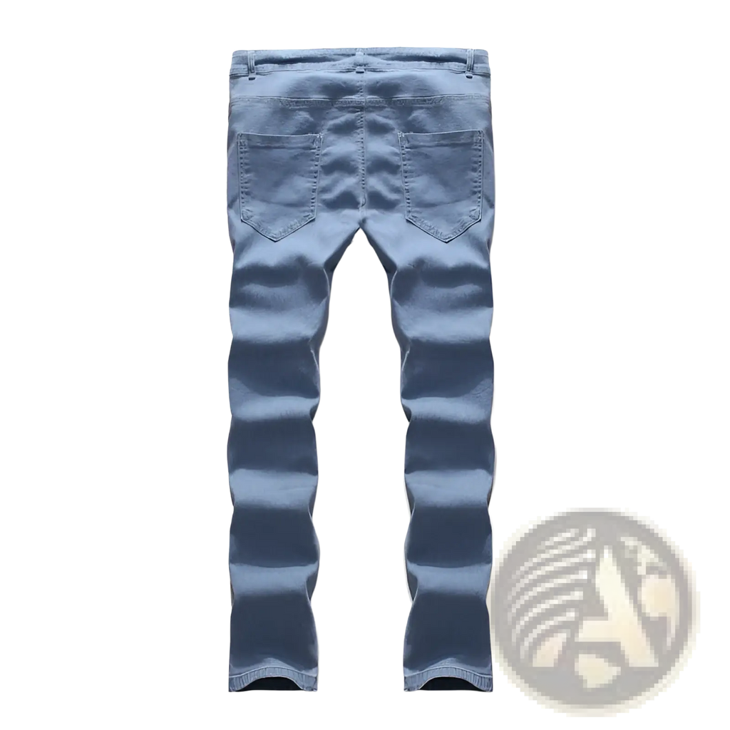 Slim fit light wash distressed denim jeans in light blue with visible stitching on the back pockets viewed from the back