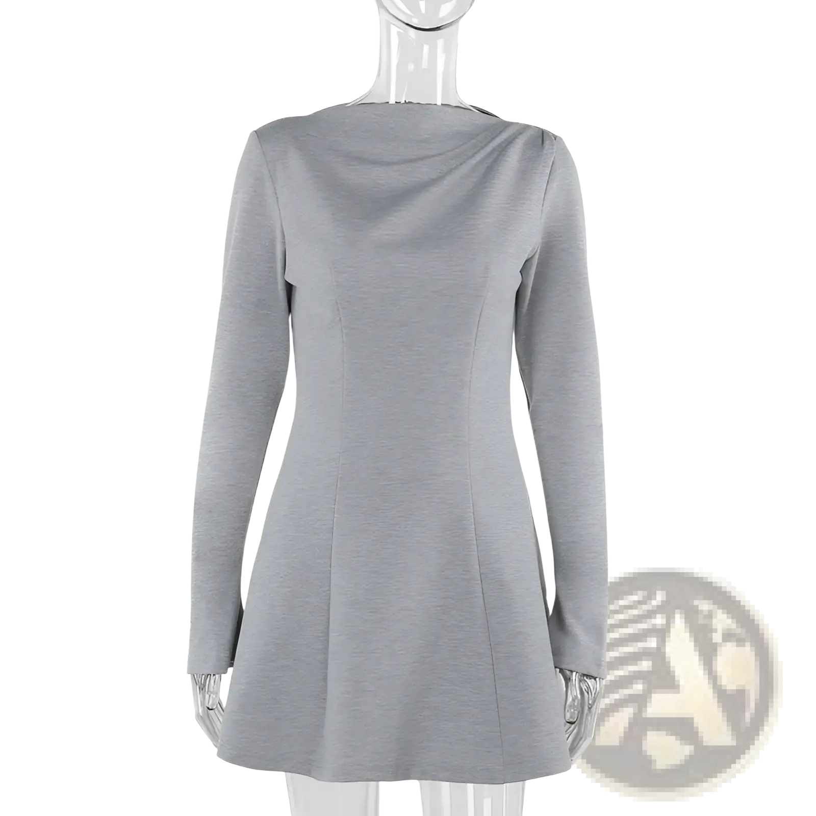 A sleek heather gray slim fit long sleeve a line flared dress with draped neckline made from soft fabric