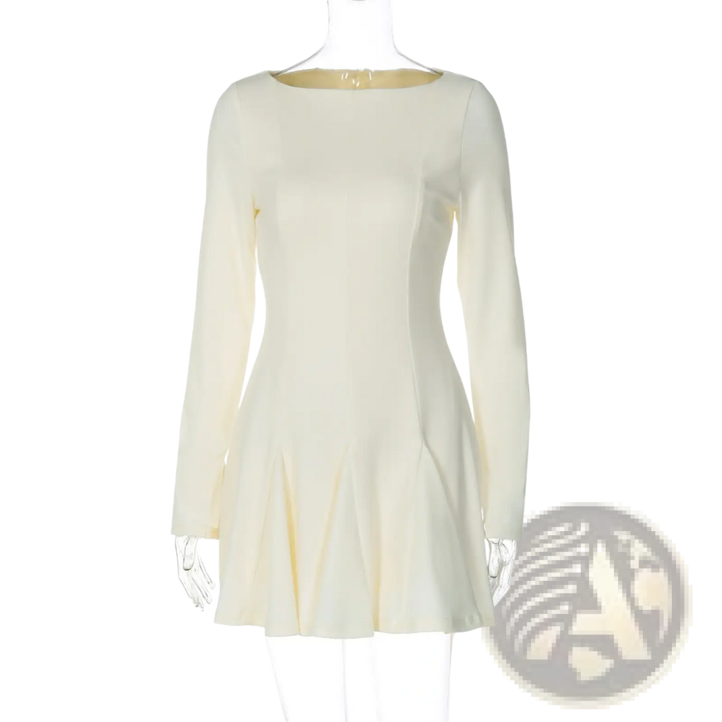 Cream-colored slim fit long sleeve a line dress with a fitted bodice and flared skirt