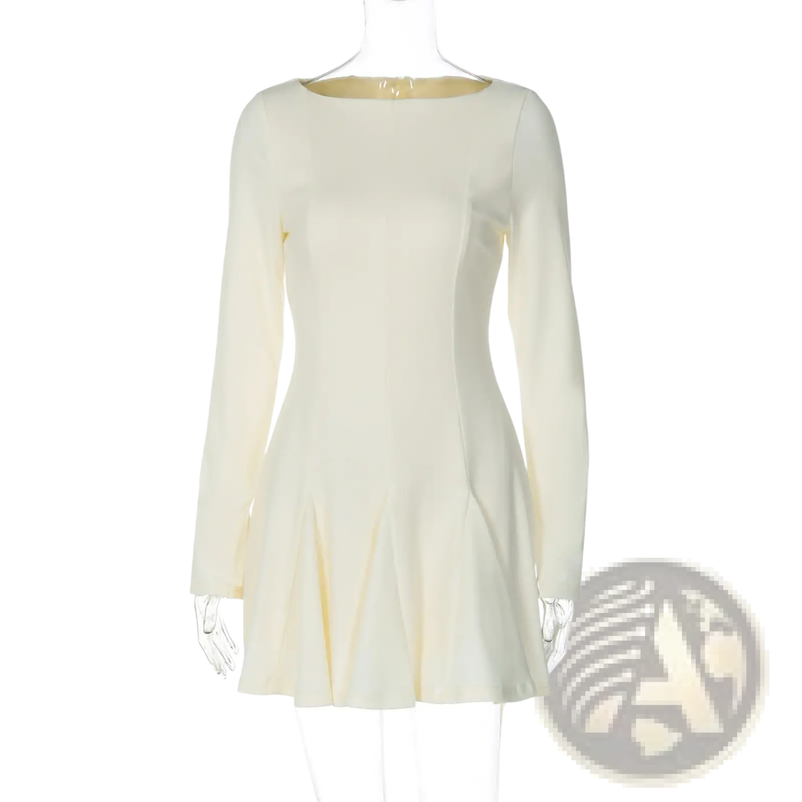 Cream-colored slim fit long sleeve a line dress with a fitted bodice and flared skirt