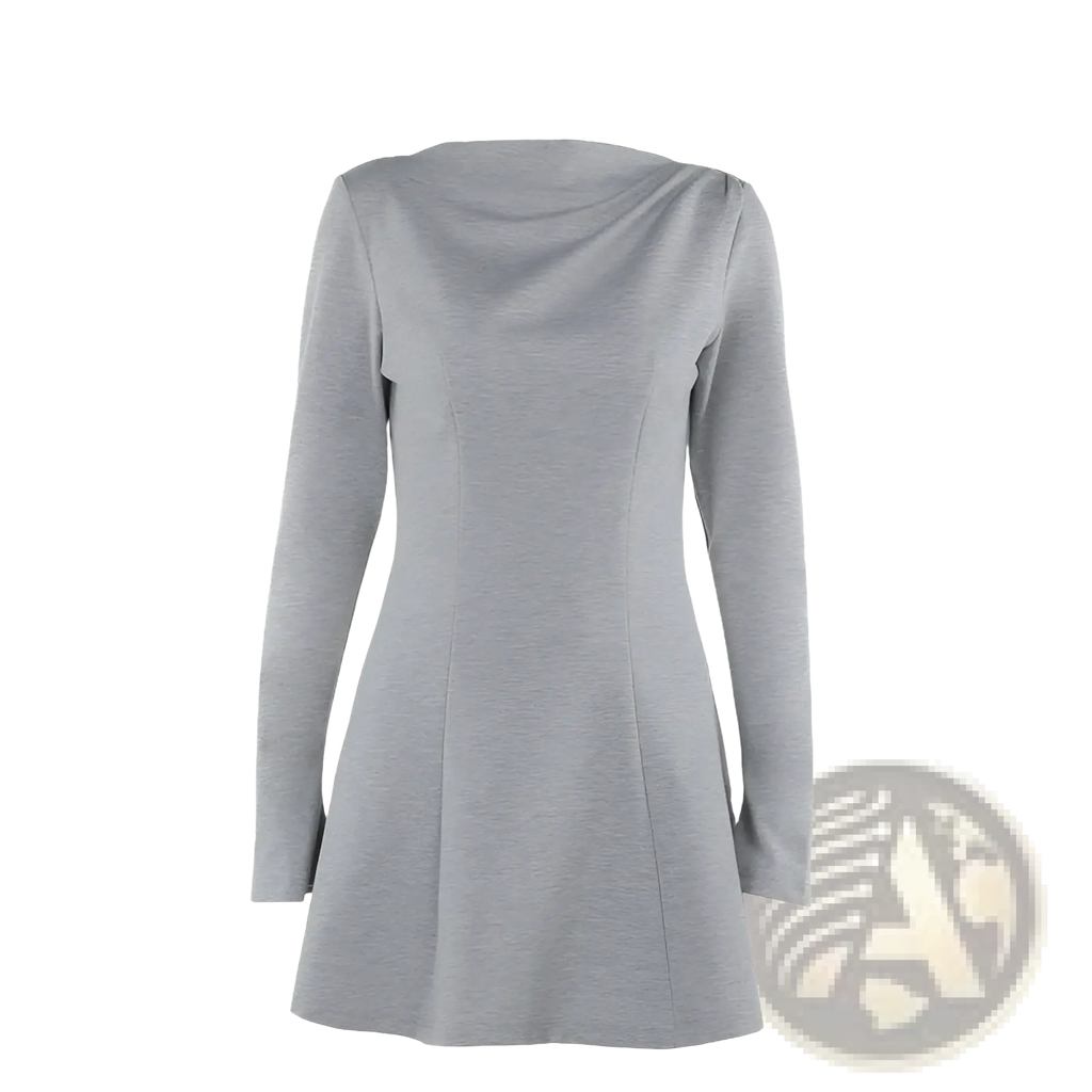 A sleek heather gray slim fit long sleeve a line flared dress with draped neckline in soft fabric