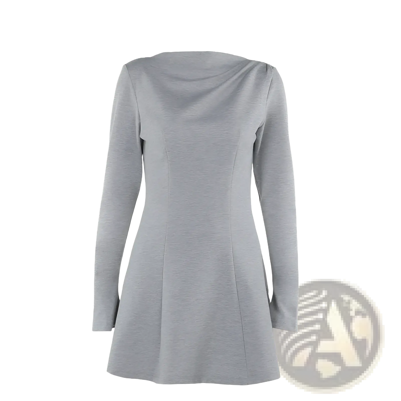 A sleek heather gray slim fit long sleeve a line flared dress with draped neckline in soft fabric