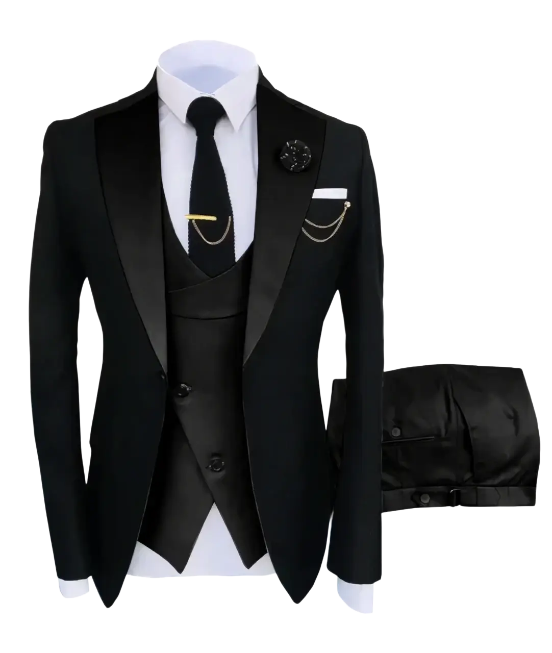 Slim fit black tuxedo suit with satin lapels, matching vest and trousers, ideal for business and wedding closure type