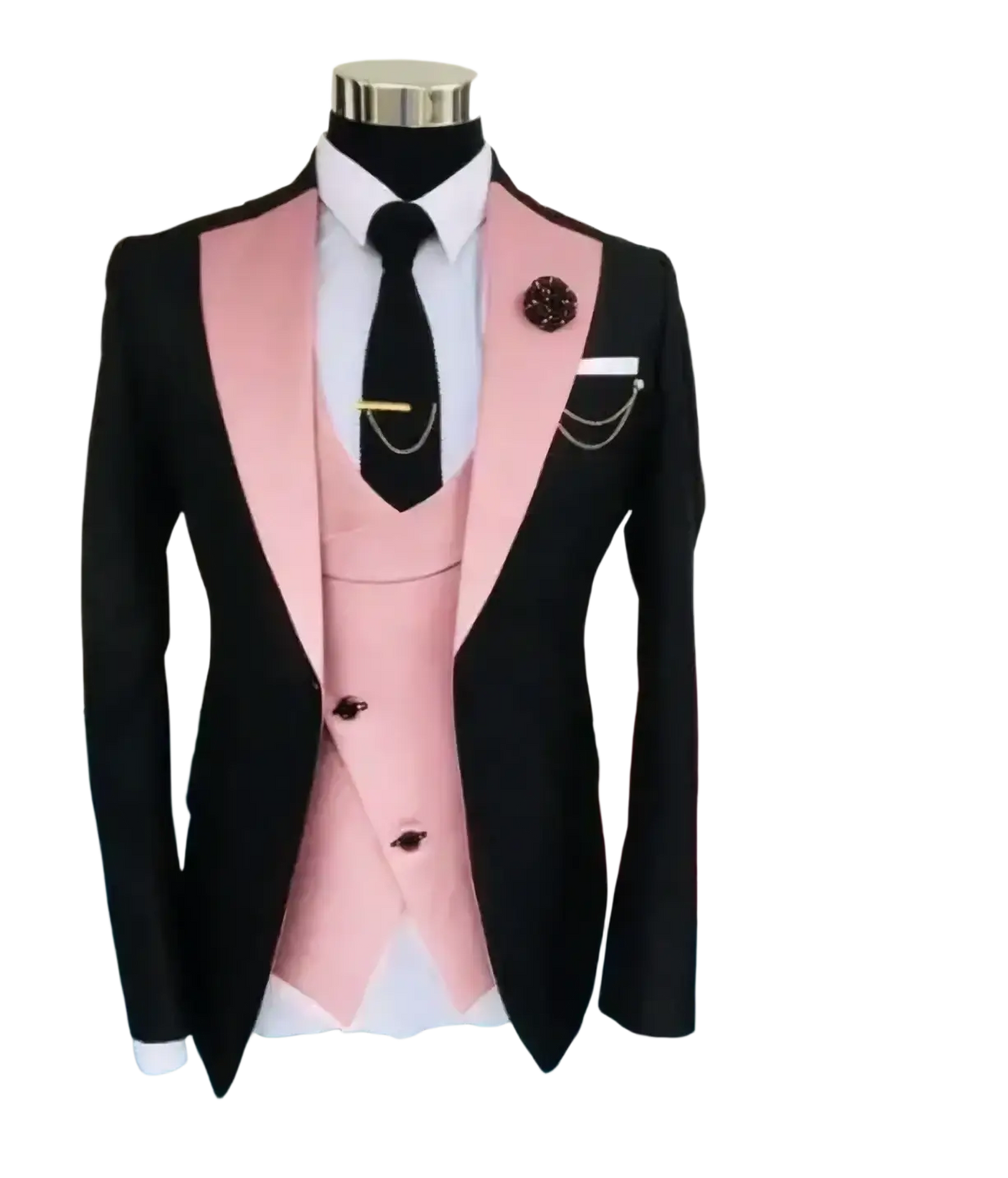 Black and blush pink slim fit men 3-piece tuxedo suit with satin lapels vest and tailored trousers perfect for business weddings closure type included