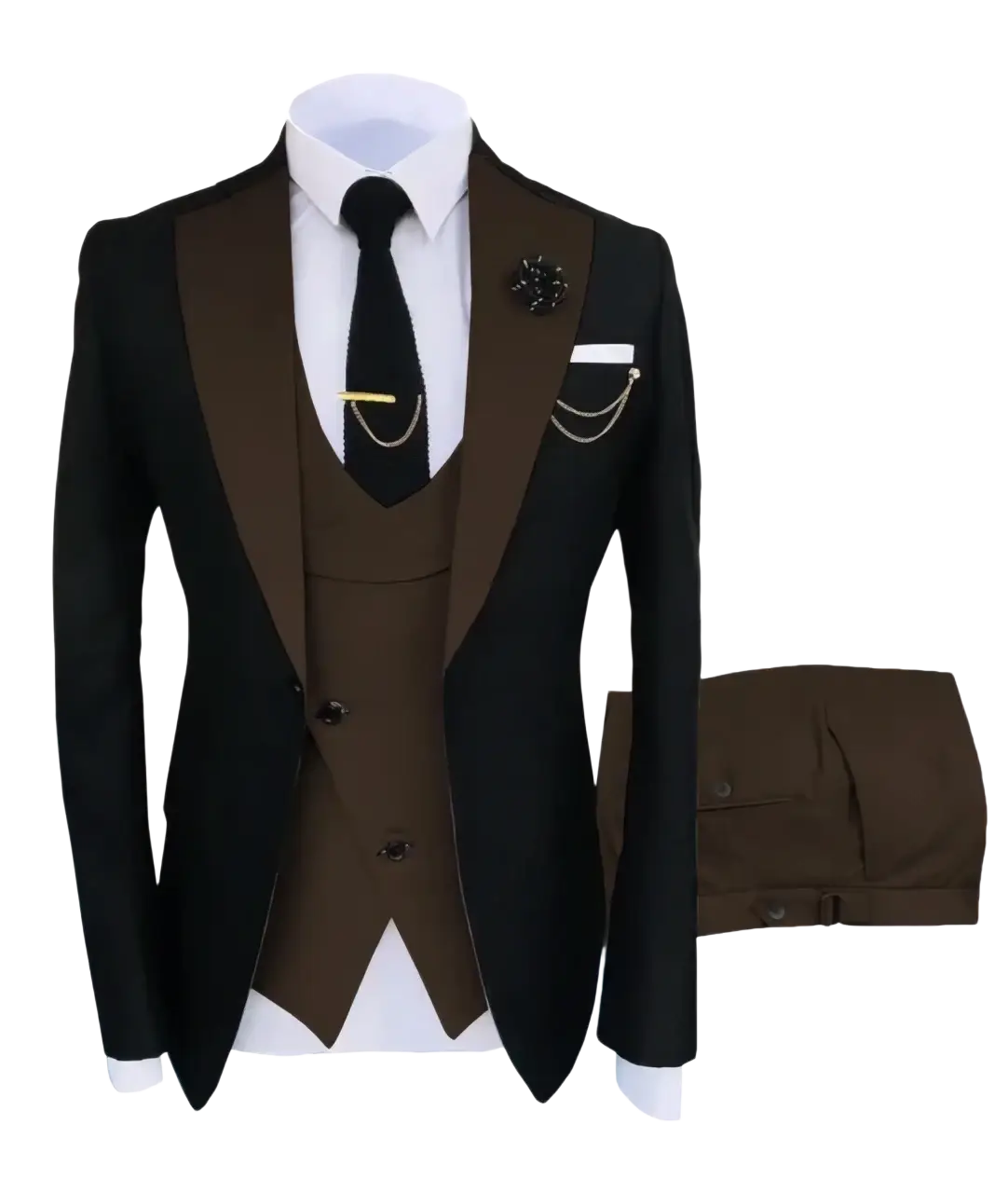 Slim fit men 3-piece tuxedo suit with black and brown two-tone satin lapels vest trousers closure type for business wedding