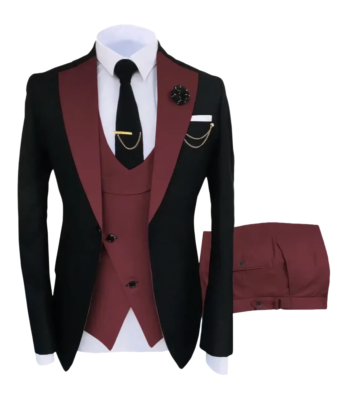 Slim fit men 3-piece tuxedo suit in black and burgundy with satin lapels closure type ideal for business wedding