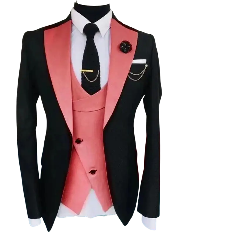 Slim fit men 3-piece tuxedo suit in black and coral pink with satin lapels and button closure type for business wedding