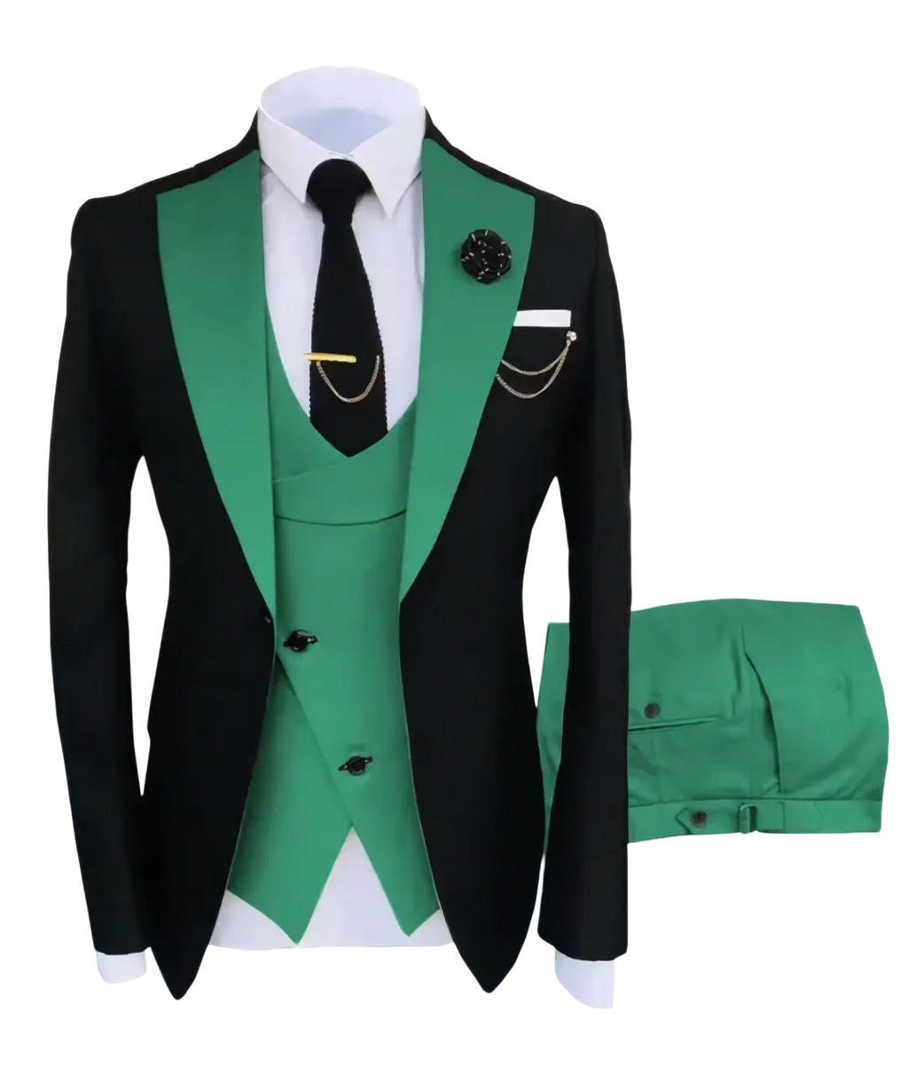 Slim fit men 3-piece tuxedo suit in black and emerald green with satin lapels, vest, trousers, and button closure type