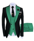 Slim fit men 3-piece tuxedo suit in black and emerald green with satin lapels, vest, trousers, and button closure type