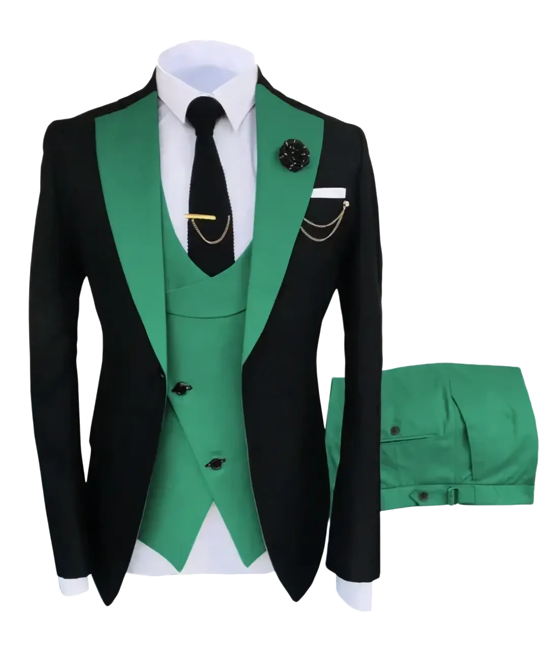 Slim fit men 3-piece tuxedo suit in black and emerald green with satin lapels, vest, trousers, and button closure type