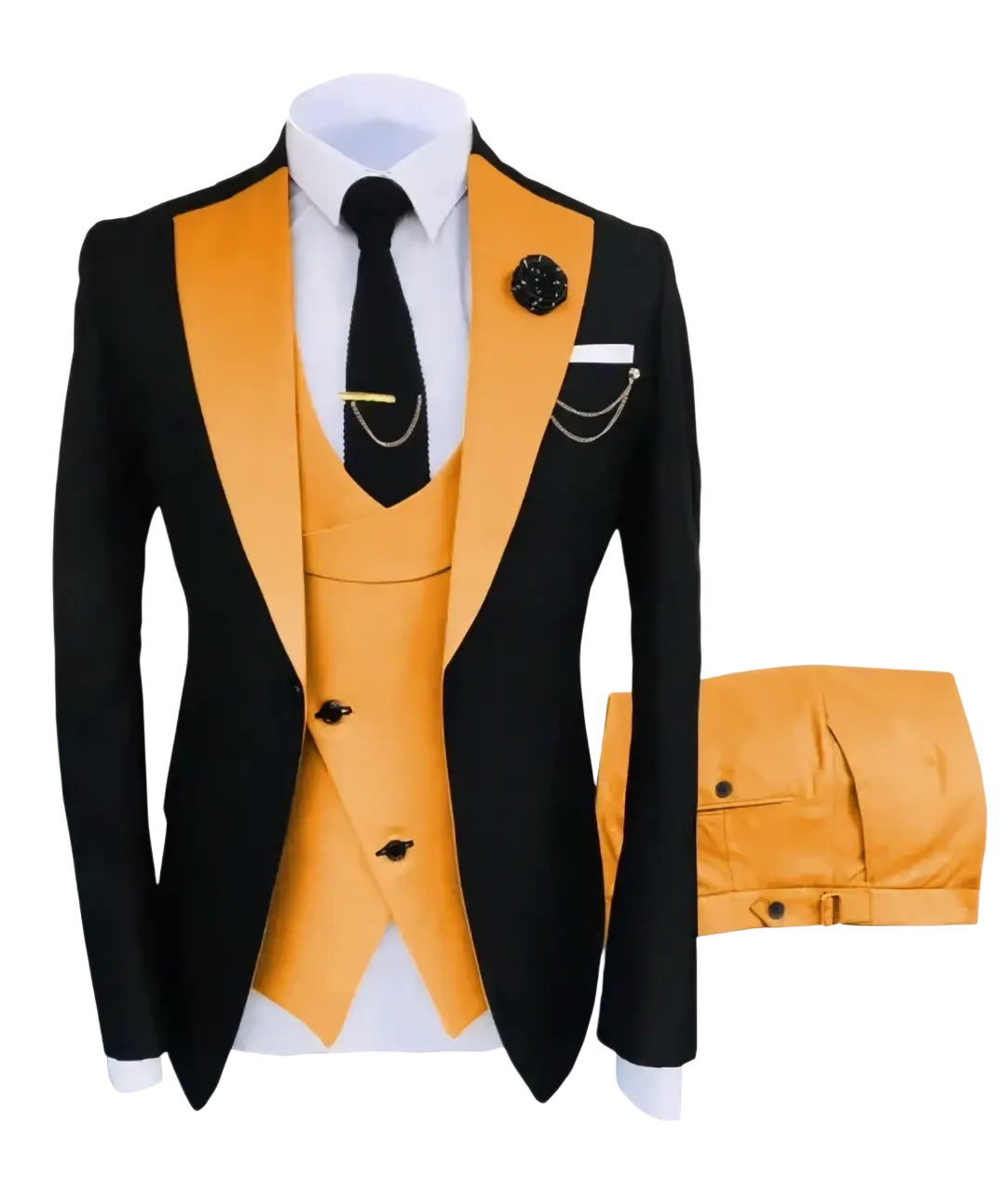 Slim fit black and gold 3-piece tuxedo suit with satin lapels and closure type ideal for business and wedding events