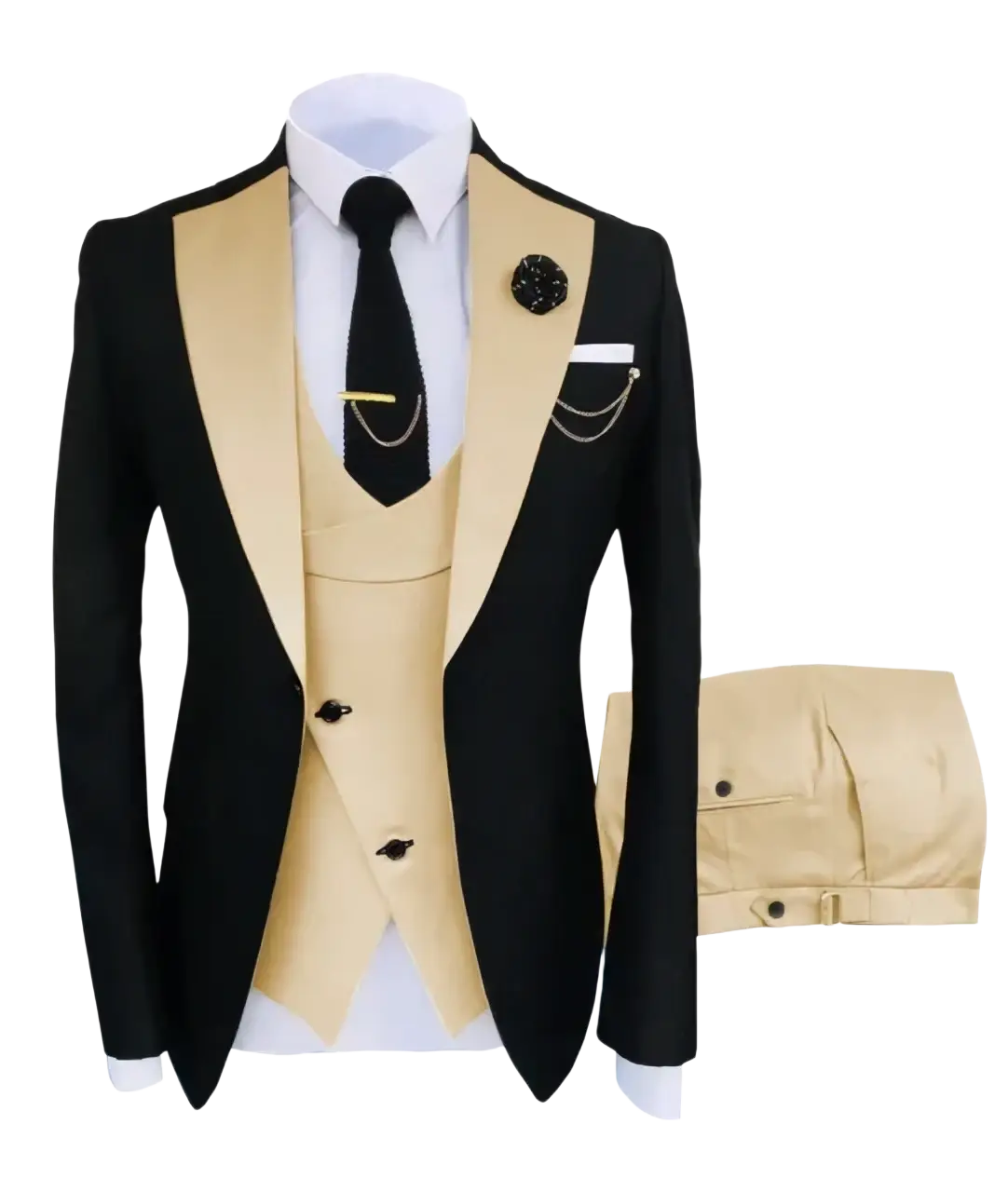 Slim fit black and gold 3-piece tuxedo suit with satin lapels and matching vest for business wedding closure type button