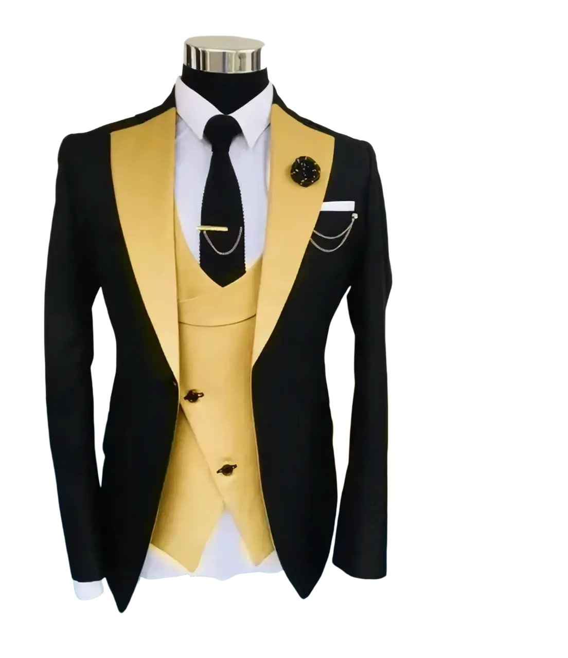 Slim fit men 3-piece tuxedo suit in black and gold with satin lapels, matching vest, closure type, ideal for business and weddings