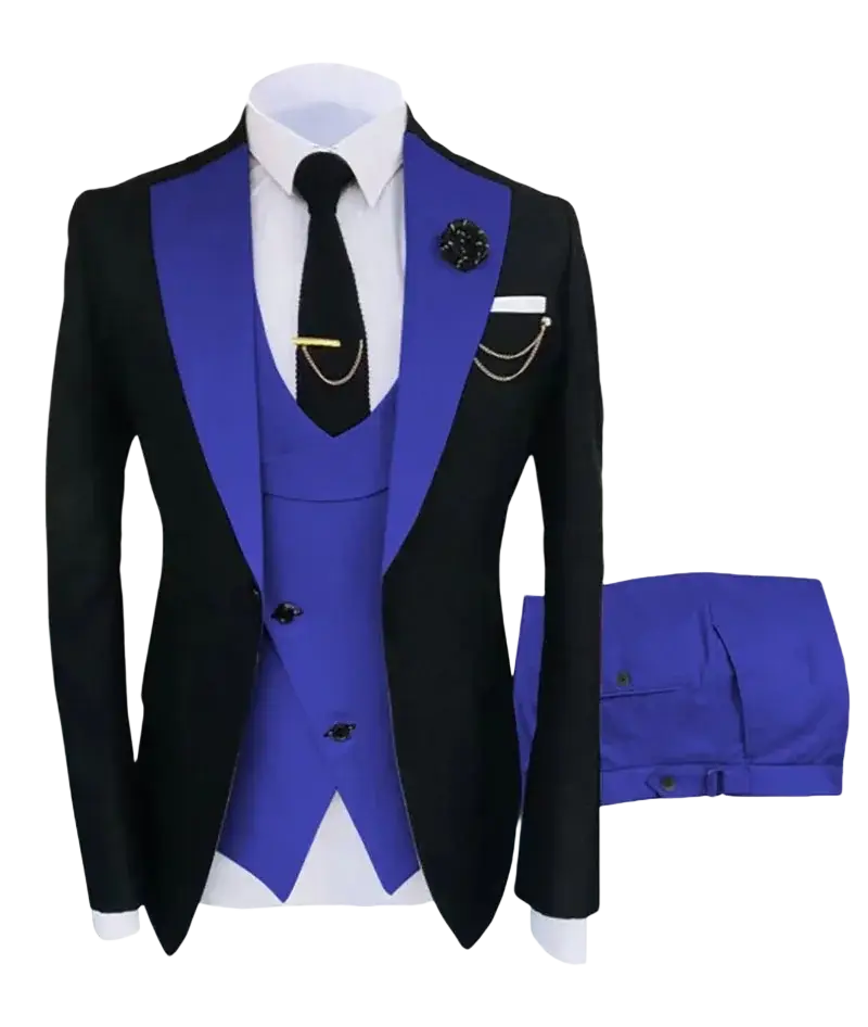 Slim fit men 3-piece tuxedo suit with black jacket, royal blue satin lapels, matching vest, white shirt, and closure type tie for business wedding