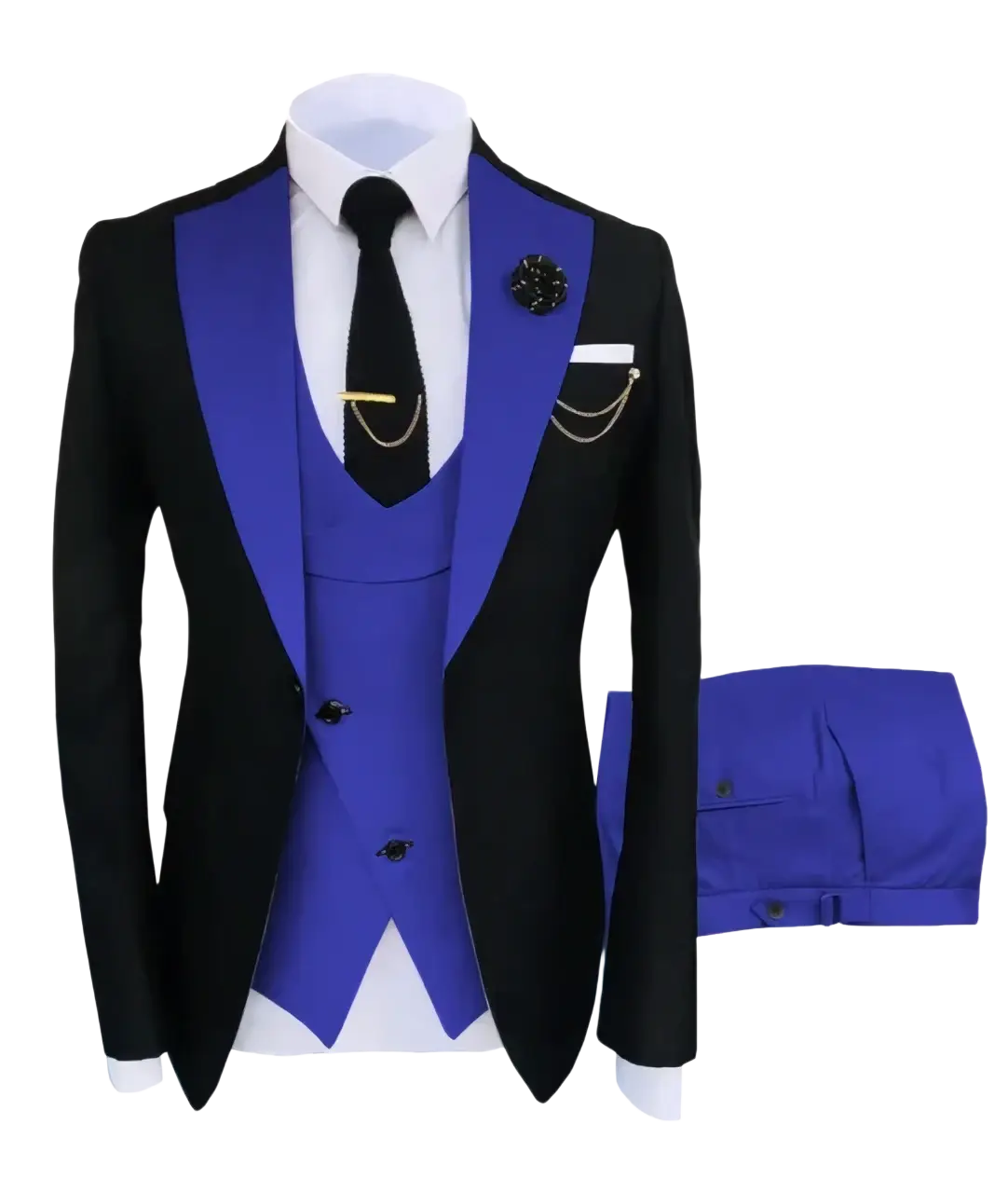 Slim fit men 3-piece tuxedo suit with black jacket, royal blue satin lapels, matching vest, white shirt, and closure type black tie