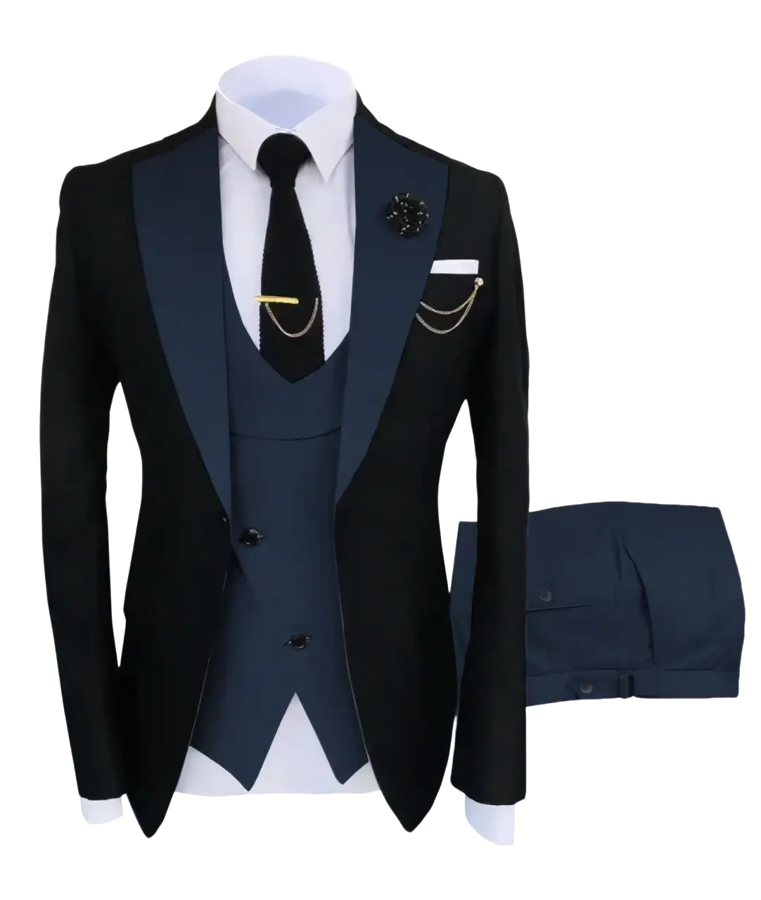 Slim fit men 3-piece tuxedo suit with closure type featuring black jacket with navy satin lapels and matching vest. happy shopping