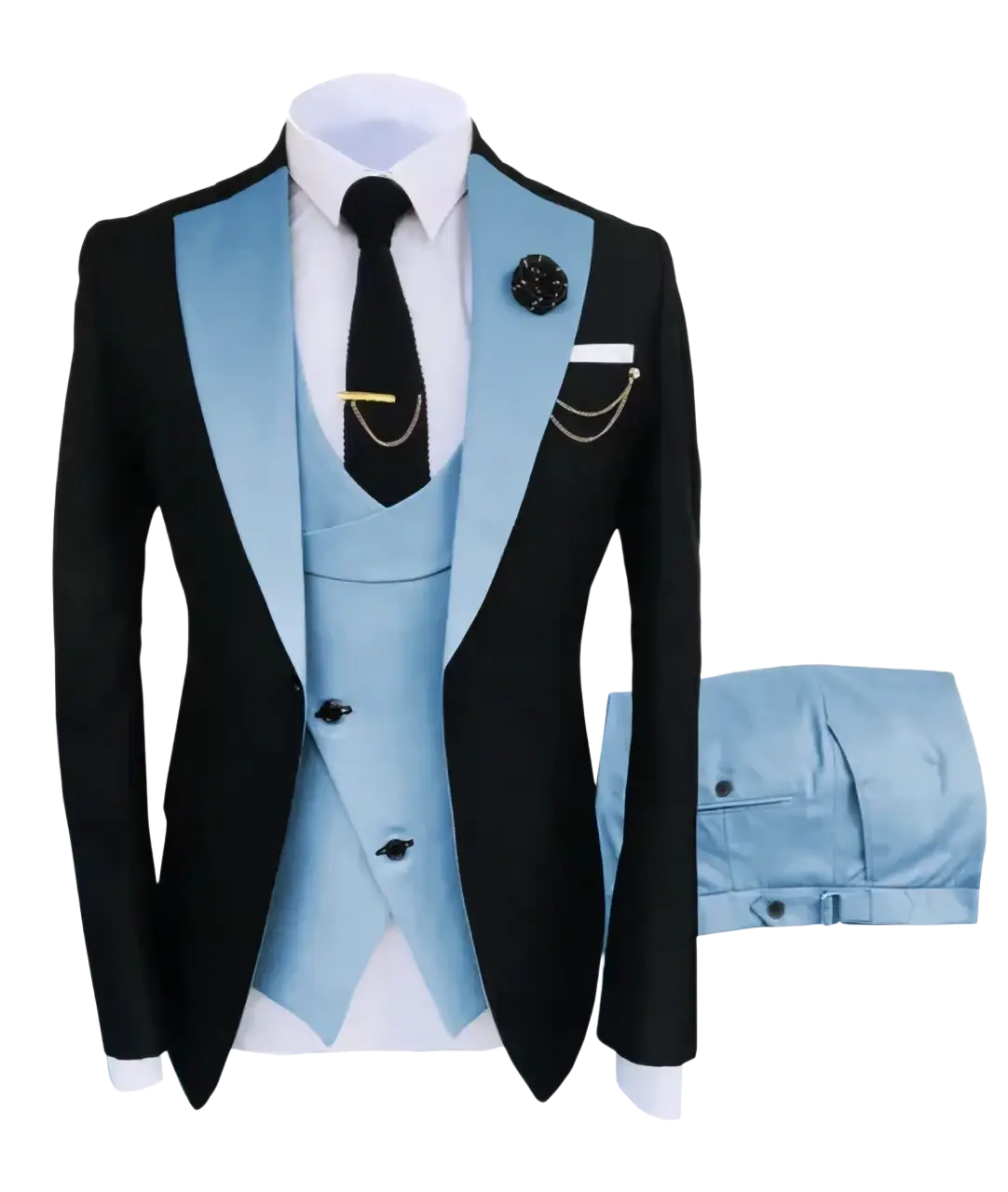 Slim fit men 3-piece tuxedo suit with black and light blue satin lapels vest and trousers for business wedding closure type