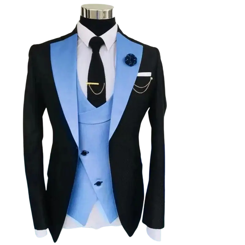 Slim fit men 3-piece tuxedo suit with black and light blue satin lapels closure type suitable for business and wedding