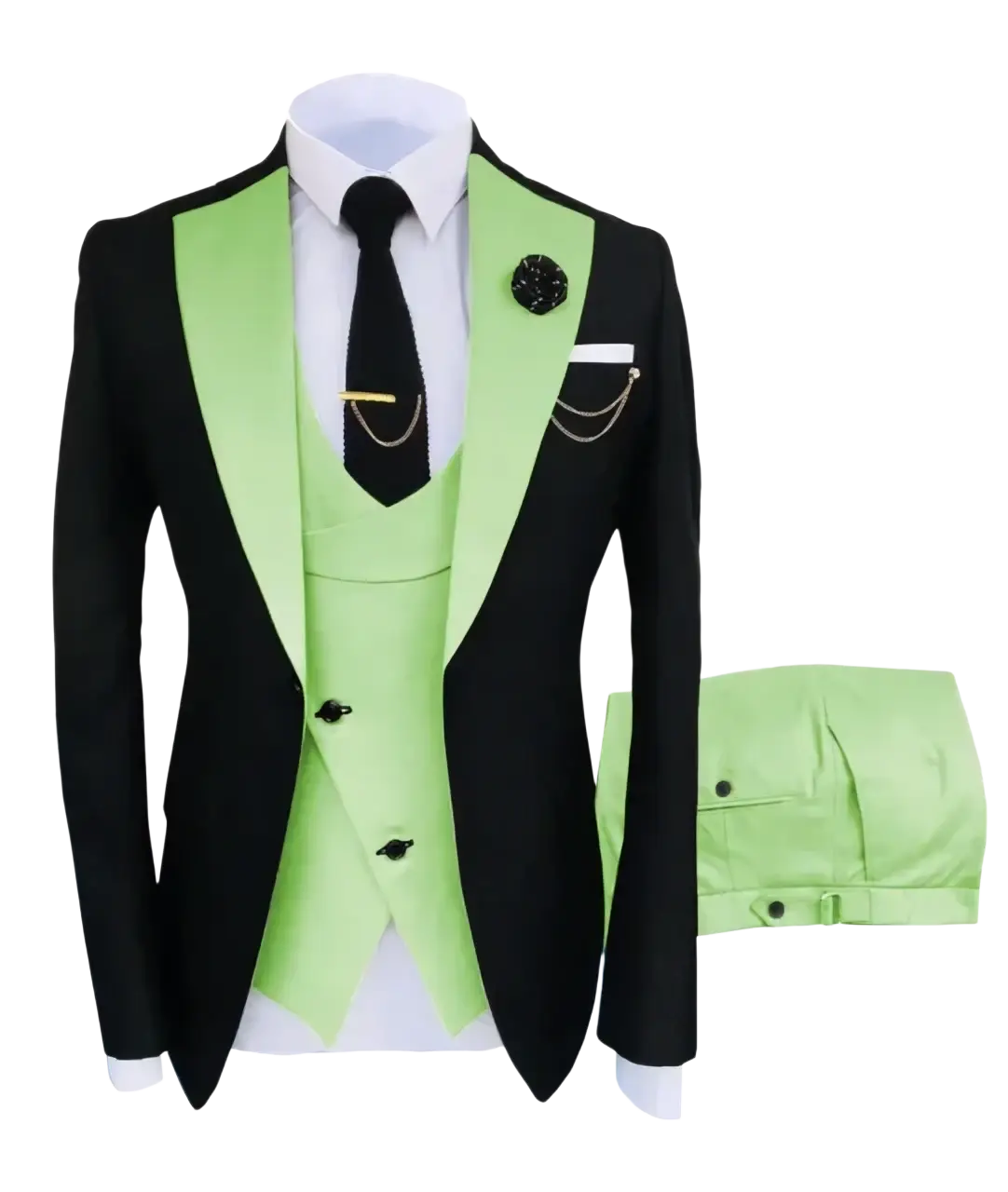 Slim fit men 3-piece tuxedo suit in black and lime green with satin lapels and matching vest for business wedding closure type button
