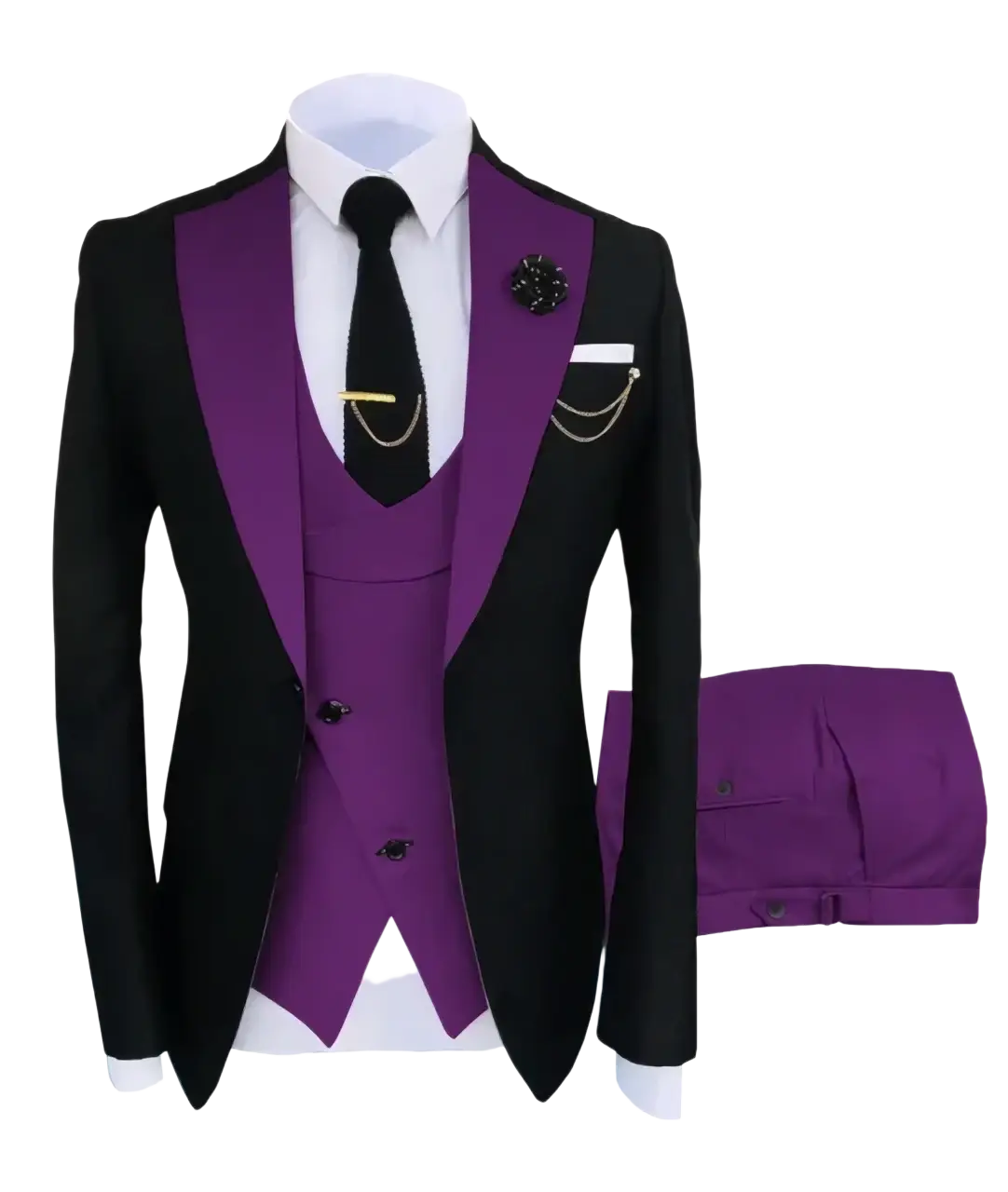 Slim fit men 3-piece black and purple tuxedo suit with satin lapels vest and trousers perfect for business wedding closure type
