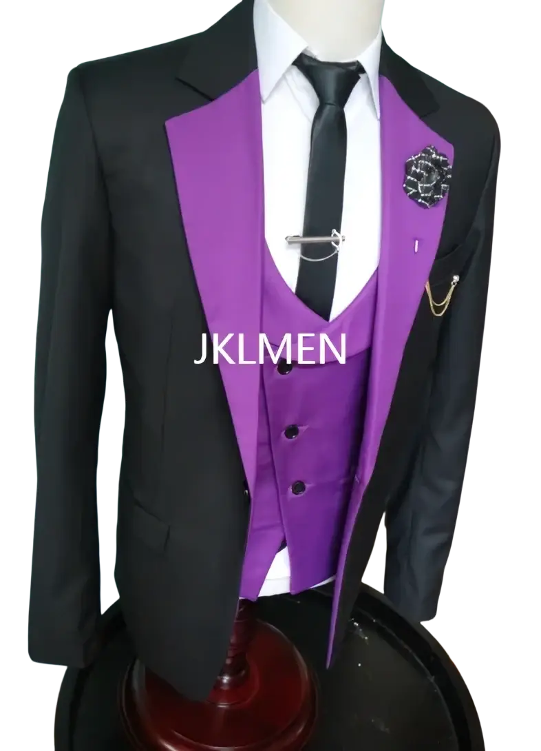 Slim fit men 3-piece tuxedo suit in black and purple with matching vest black tie silver boutonniere perfect for weddings with button closure type
