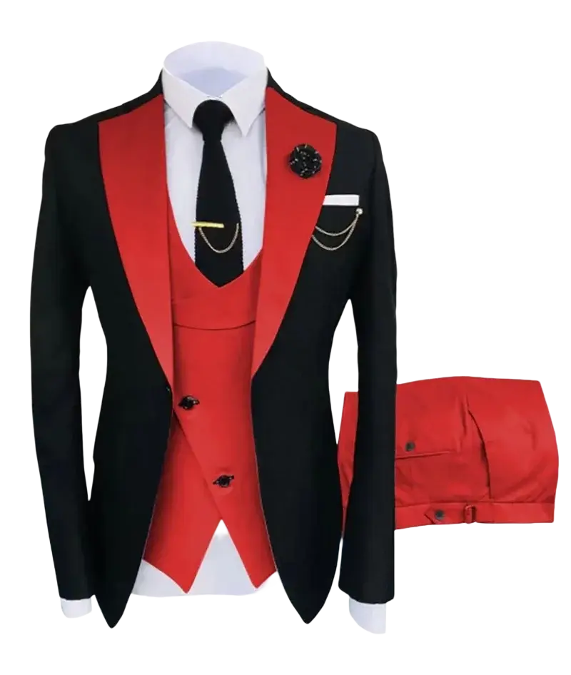 Slim fit men 3-piece tuxedo suit black and red with satin lapels vest trousers perfect for business wedding closure type