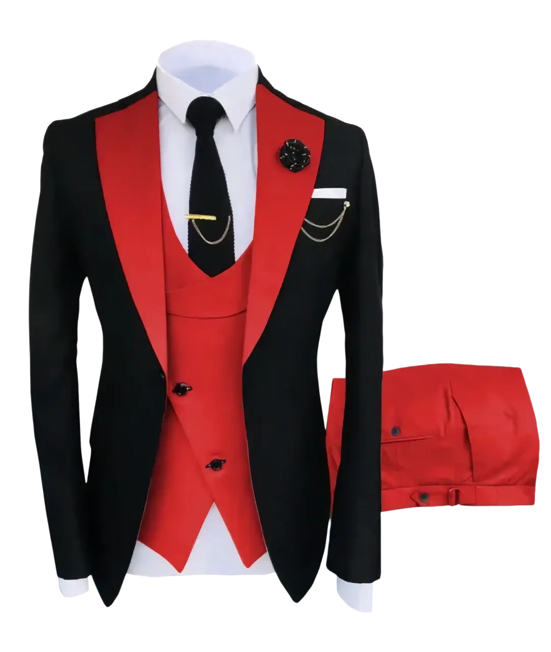 Black and red slim fit men 3-piece tuxedo suit with satin lapels vest and tailored trousers for business wedding closure type button