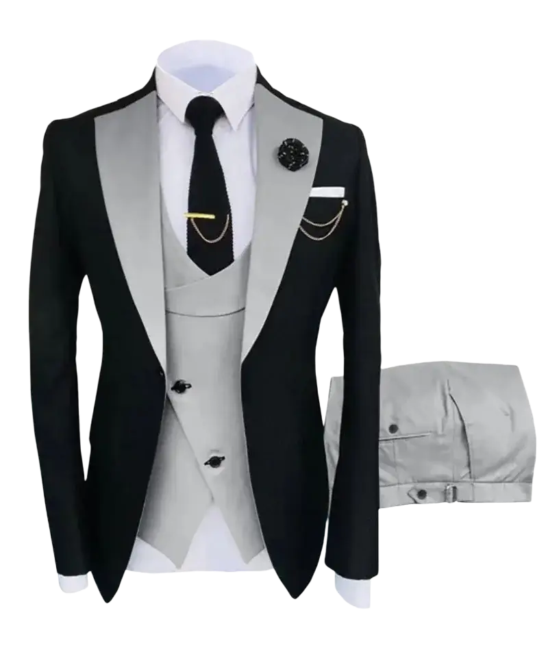 Slim fit black and silver 3-piece tuxedo suit with satin lapels and matching vest perfect for business and wedding closure type