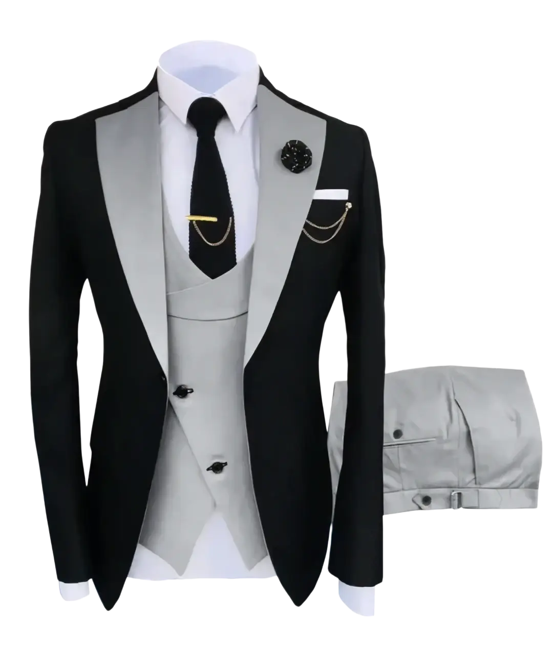 Slim fit black and silver tuxedo suit with satin lapels matching vest and trousers perfect for business wedding closure type happy shopping