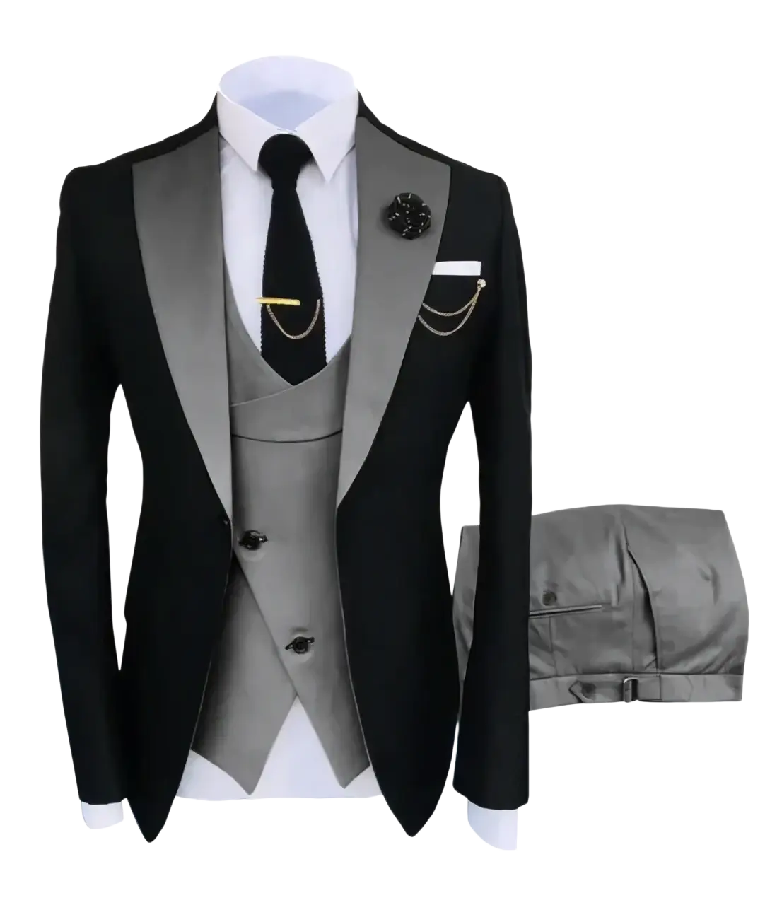 Slim fit black and silver two-tone tuxedo suit with satin lapels vest trousers closure type for business wedding