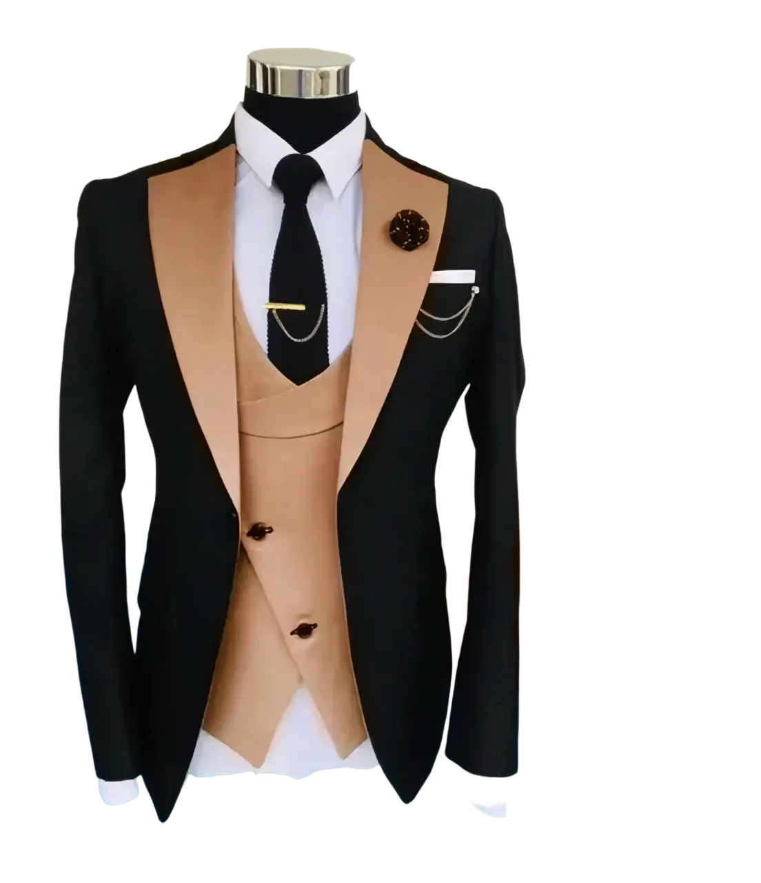 Slim fit black and tan 3-piece tuxedo suit with satin lapels, matching vest, white shirt, black tie, closure type button