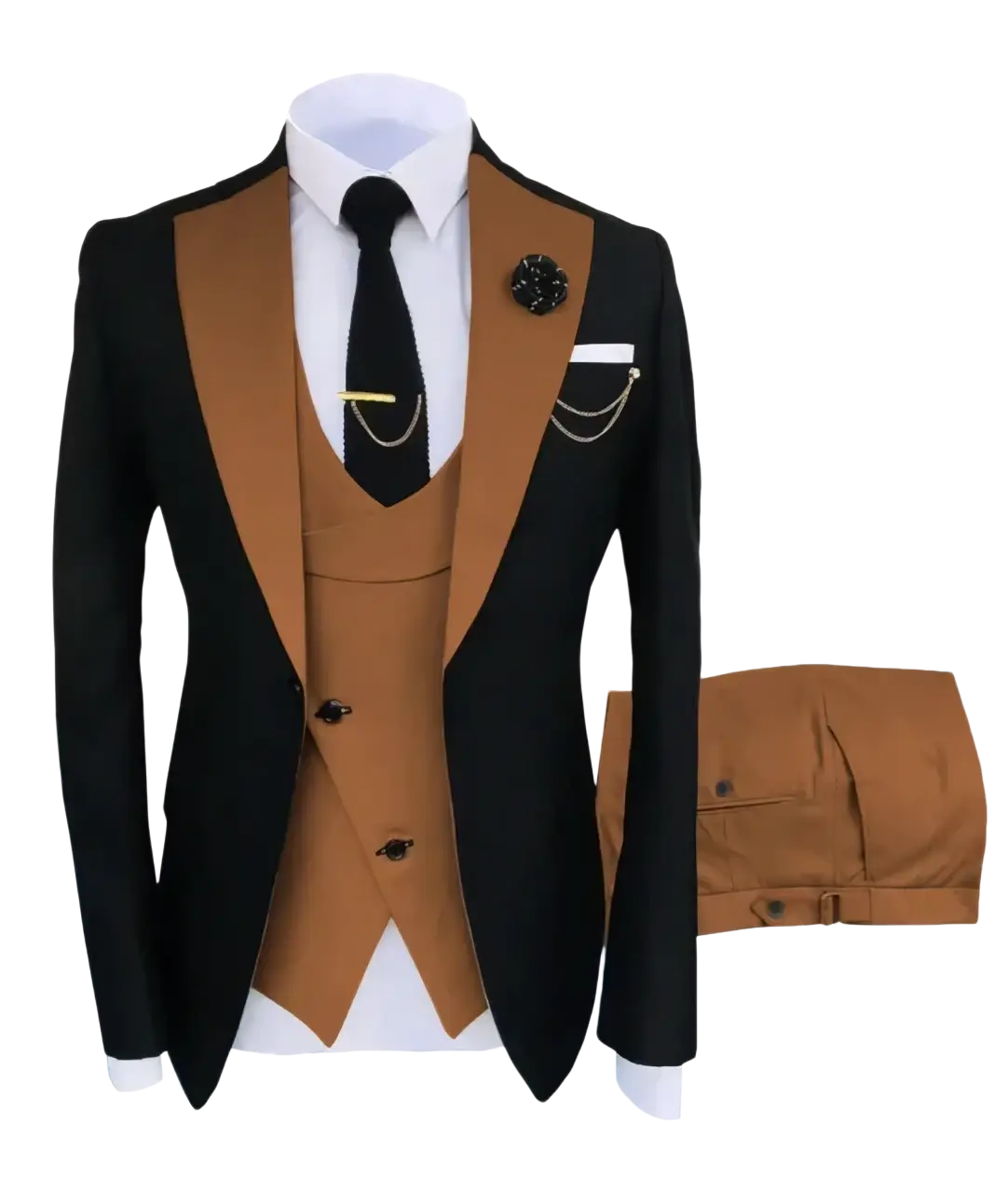 Black and tan slim fit men 3-piece tuxedo suit with notched lapel jacket, vest, and coordinating trousers ideal for business and weddings closure type buttons happy shopping