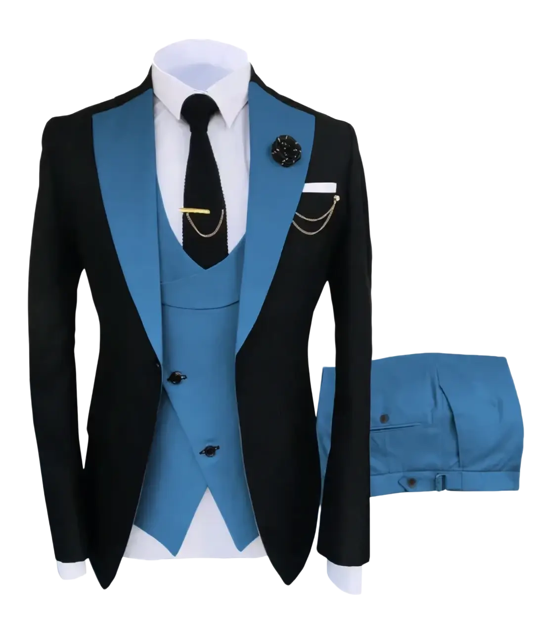 Slim fit men 3-piece black and teal tuxedo suit with satin lapels and vest perfect for business wedding closure type buttons