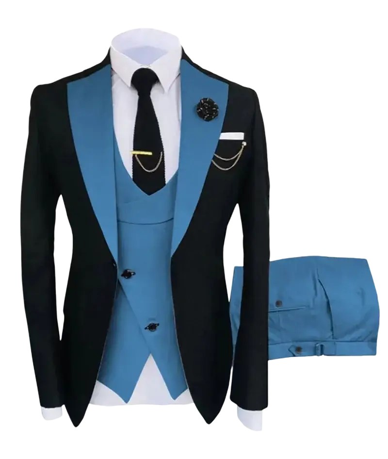 Slim fit men 3-piece black and teal tuxedo suit with satin lapels closure type perfect for business wedding happy shopping