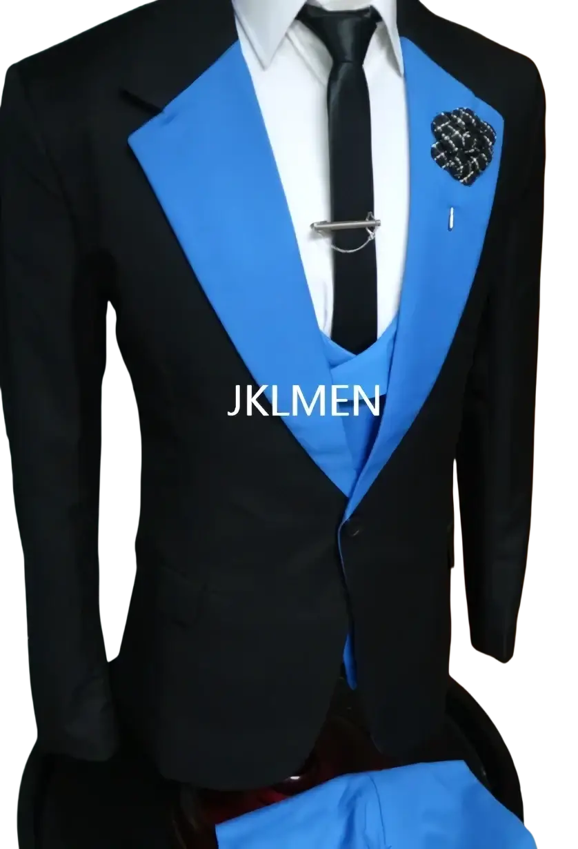 Slim fit men 3-piece tuxedo suit with vibrant blue satin lapels and vest featuring closure type ideal for business wedding happy shopping