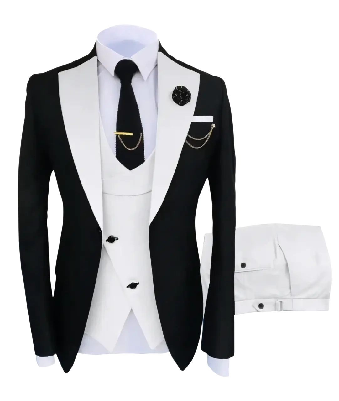 Slim fit black and white tuxedo suit with satin lapels and matching vest ideal for business and wedding closure type