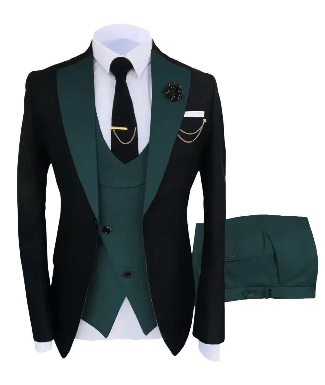 Slim fit men 3-piece tuxedo suit in black and emerald green with satin lapels and matching vest ideal for weddings