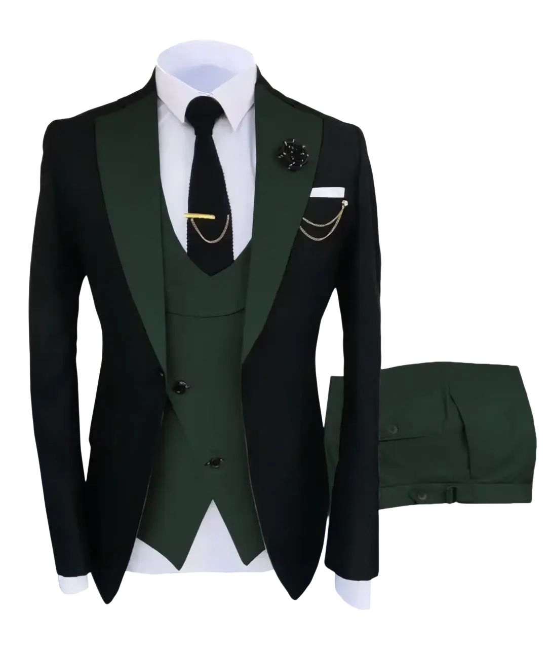 Slim fit men 3-piece tuxedo suit in elegant black and forest green with satin lapels and button closure type ideal for weddings