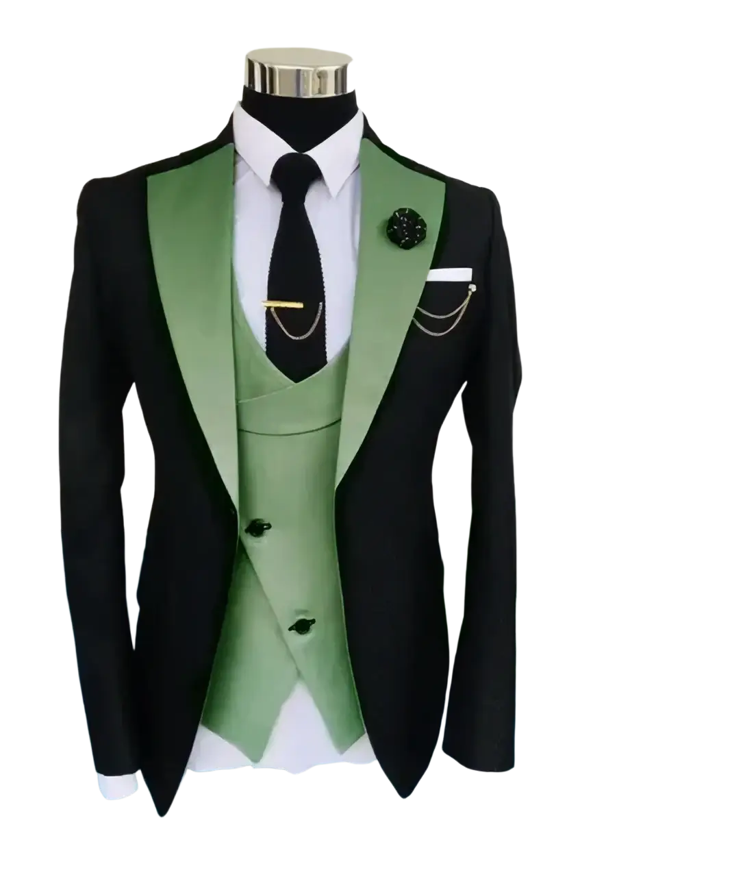Elegant slim fit black and sage green three-piece tuxedo suit with satin lapels vest pocket square and button closure type for business wedding happy shopping