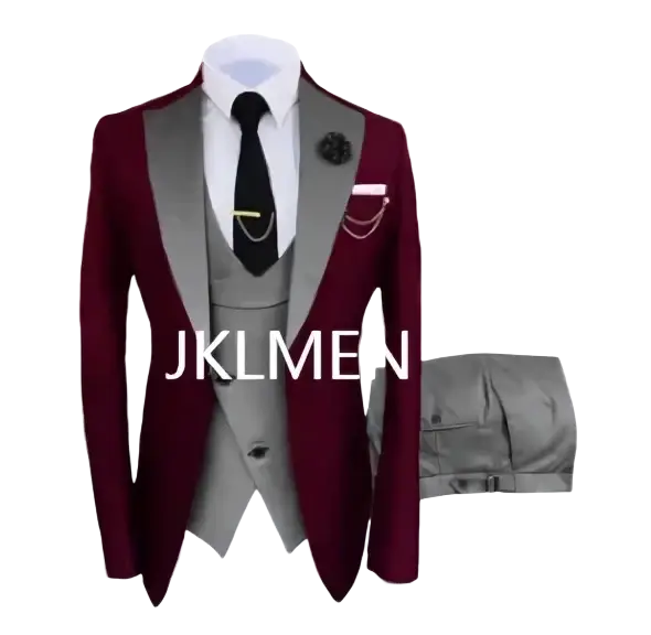 Slim fit men 3-piece tuxedo suit with maroon velvet blazer, silver lapel, matching vest, black tie, and pocket square closure type