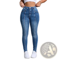 Slim fit patchwork denim jeans featuring high-waisted blue denim with visible stitching details