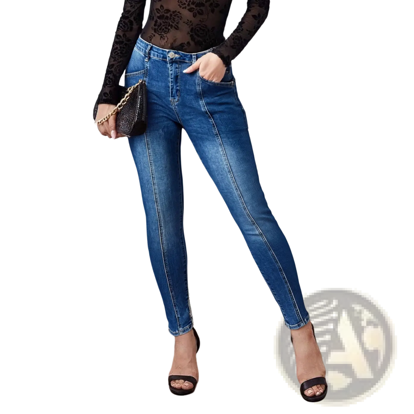 Slim fit patchwork denim jeans in blue with subtle fading along the thighs made from denim material