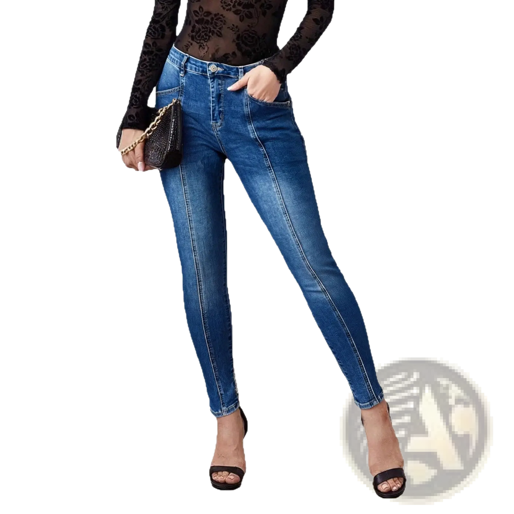 Slim fit patchwork denim jeans in blue with subtle fading details made from durable denim fabric