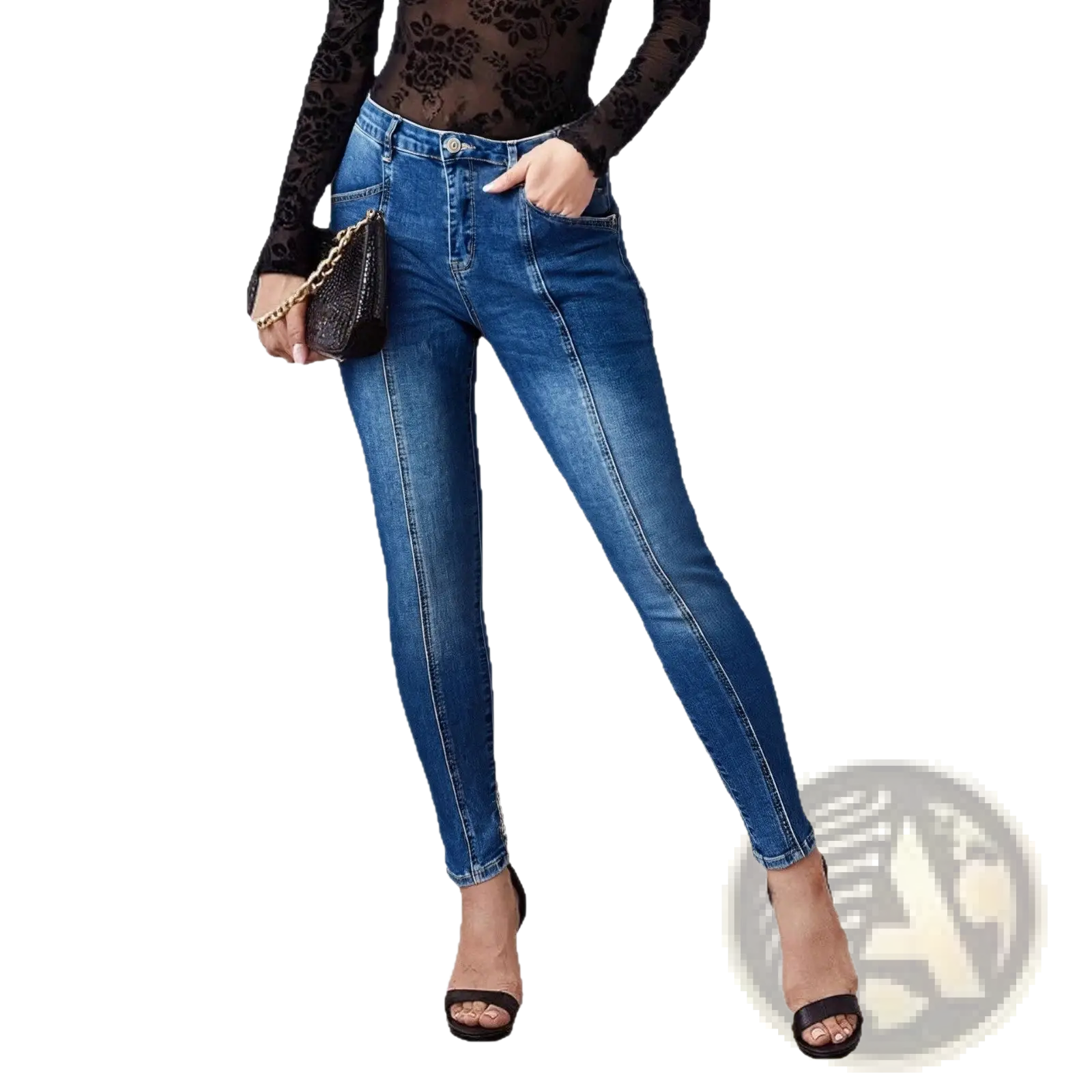Slim fit patchwork denim jeans in blue with subtle fading details made from durable denim fabric