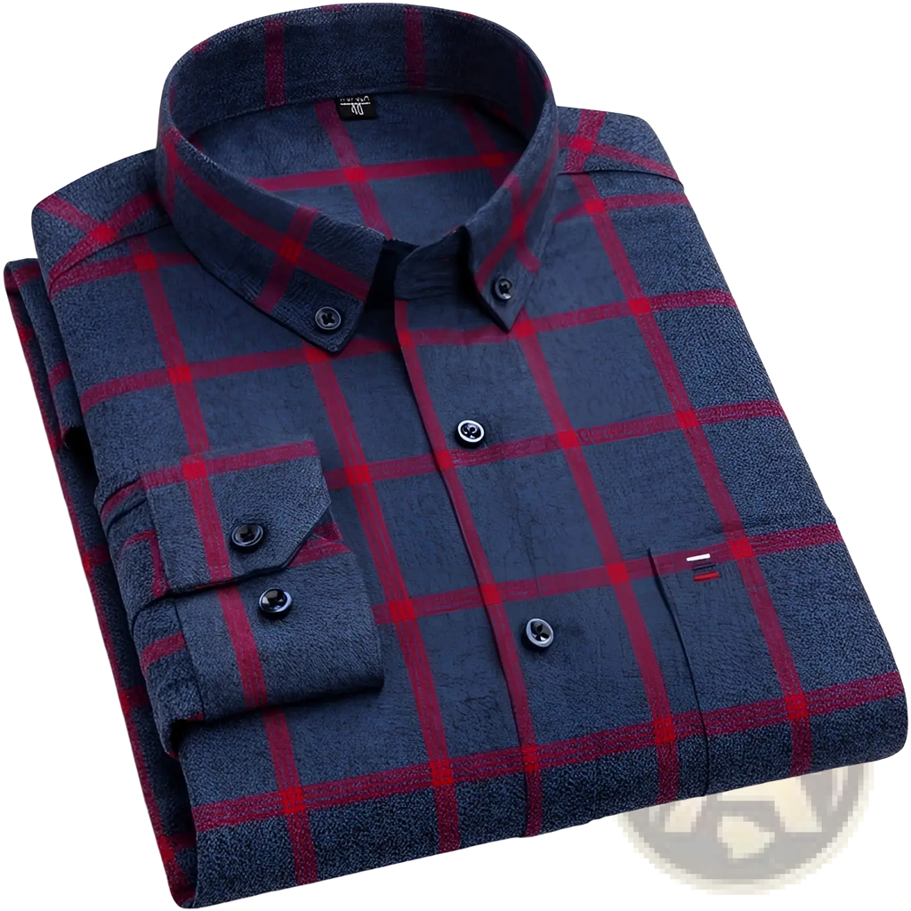 Slim fit plaid cotton shirt in navy blue and red with textured weave dark buttons and subtle brand tag at the collar