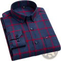 Slim fit plaid cotton shirt in navy blue and red with textured weave dark buttons and subtle brand tag at the collar