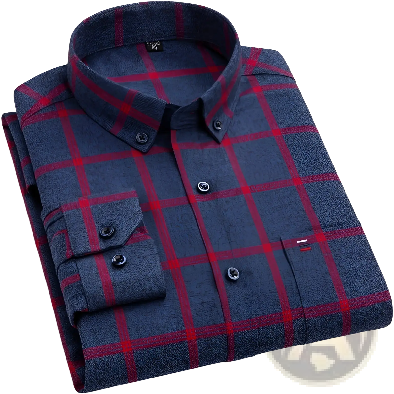 Slim fit plaid cotton shirt in navy blue and red with textured weave dark buttons and subtle brand tag at the collar
