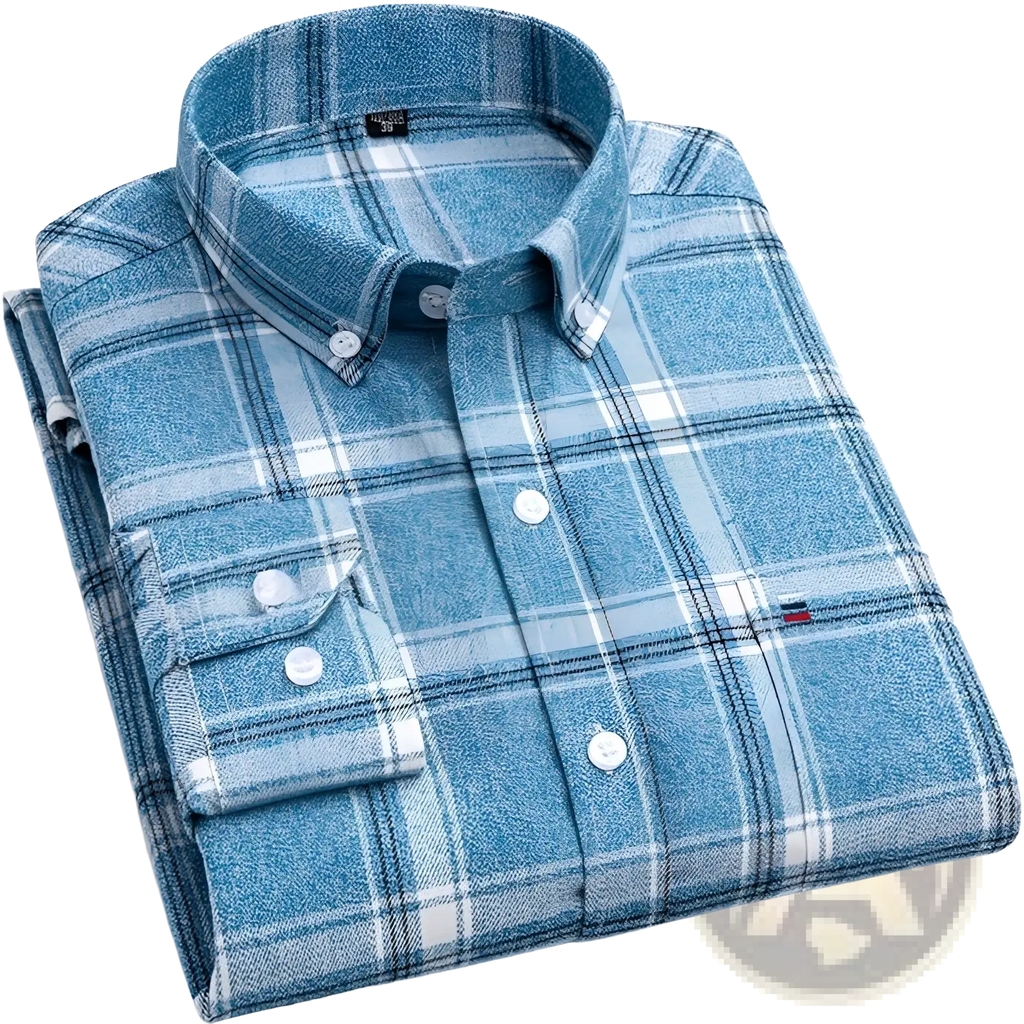 Slim fit plaid cotton shirt in blue and white with a subtle textured pattern and button-down front
