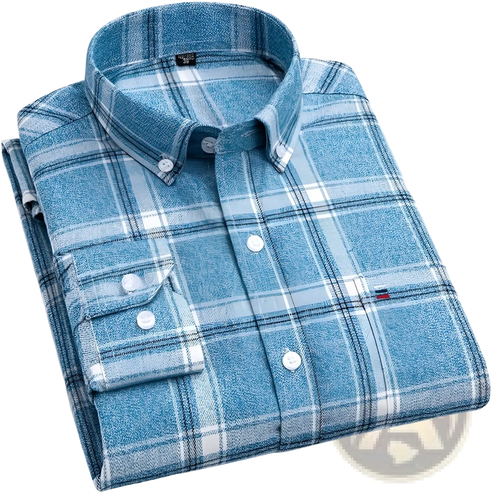 Slim fit plaid cotton shirt in blue and white with a subtle textured pattern and button-down front